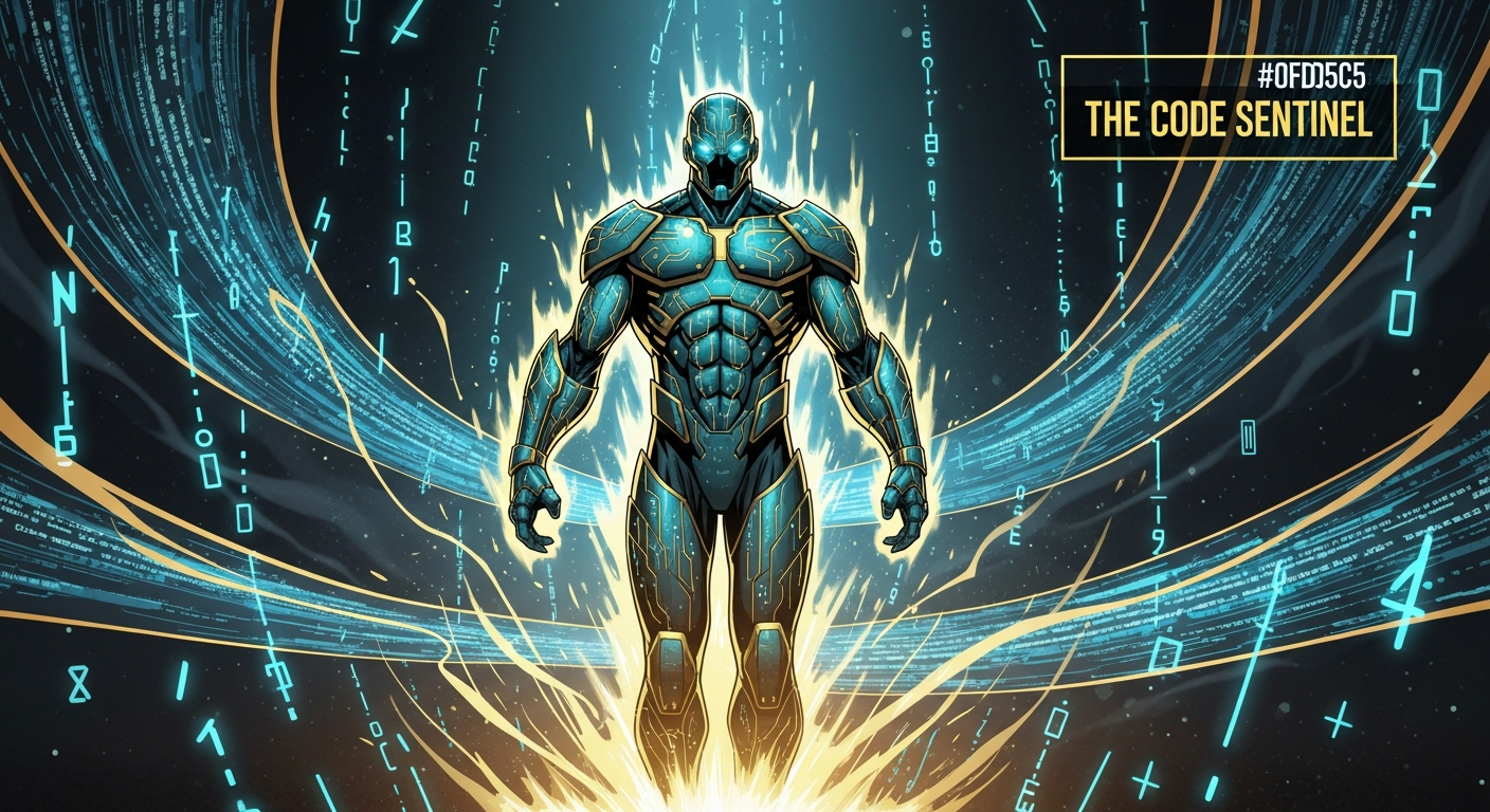 Frame 5: Code Sentinel materializes in streams of syntax