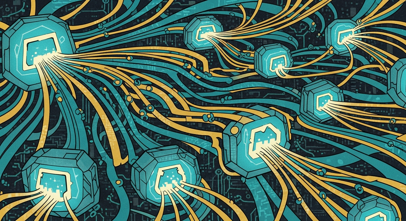 Frame 14: Code streams flowing between agents in harmony